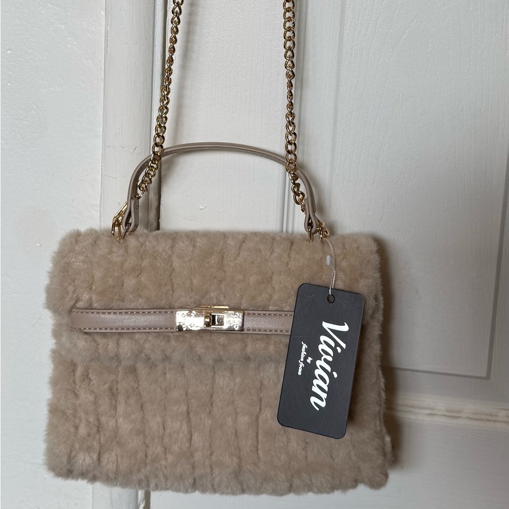 Viviana Faux Shearling Shoulder Bag in Taupe with Gold Chain